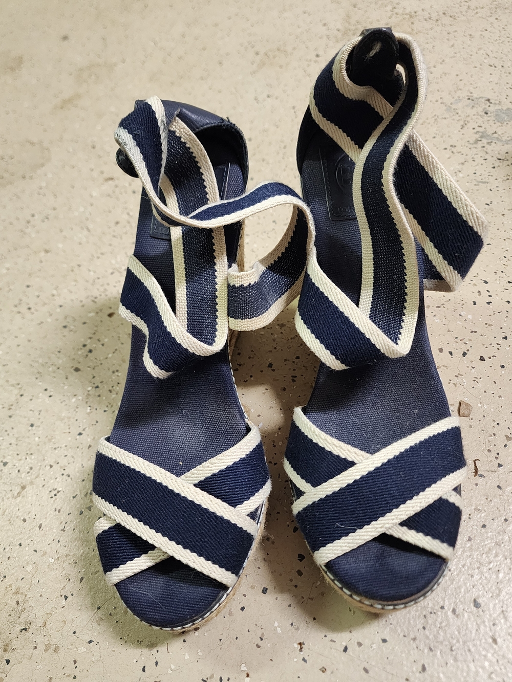 Tory Burch Navy and Cream Espadrille Wedge Sandals